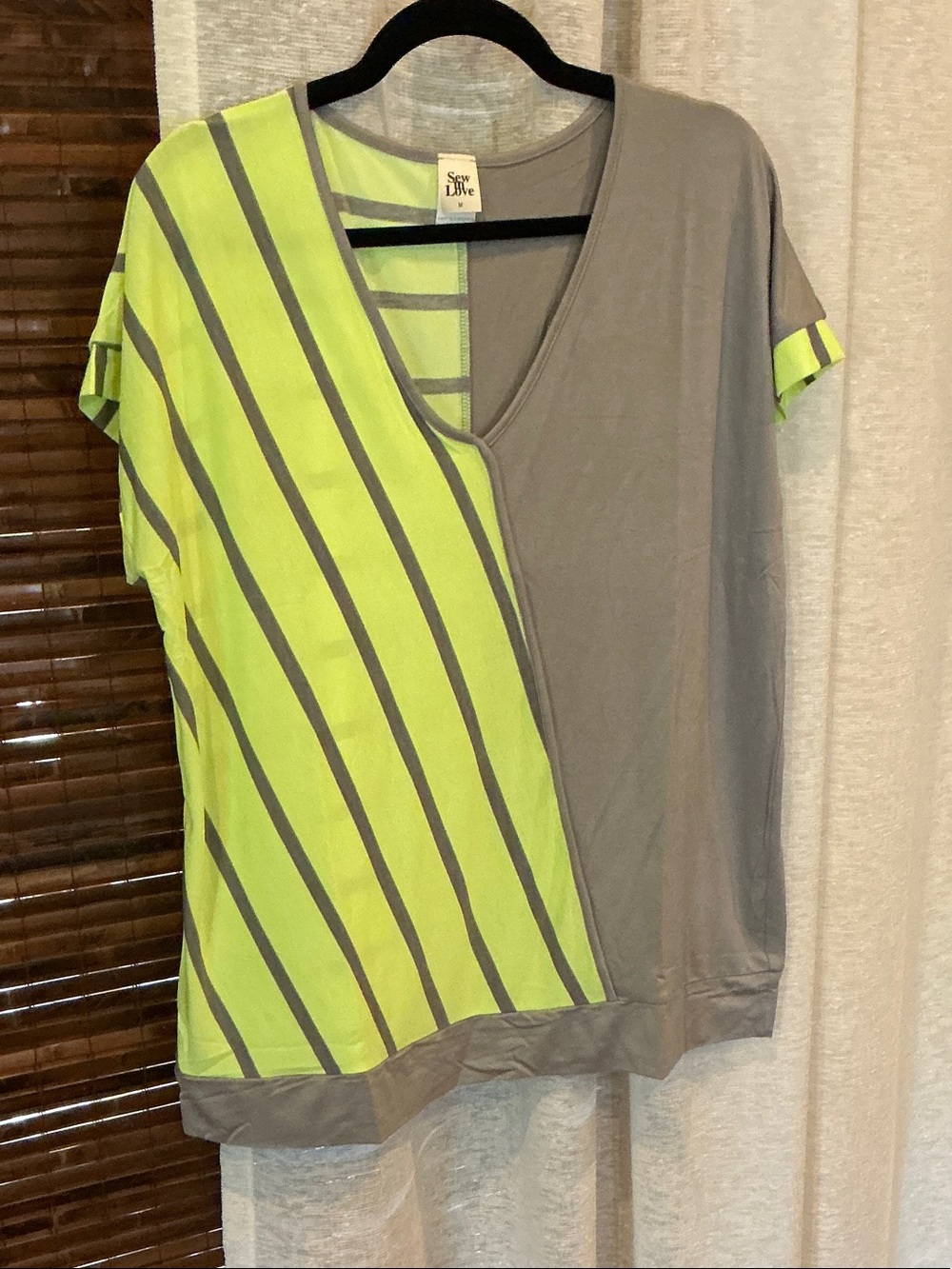 Sew In Love Lime and Gray Diagonal Stripe V-Neck Tee